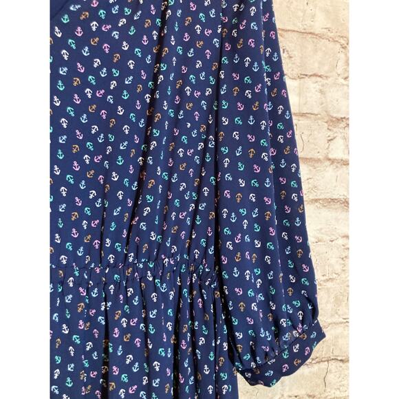 Talbots Midi Dress Women 12 Navy Nautical Anchor Print Tiered Boho Dark Romantic - Picture 7 of 13
